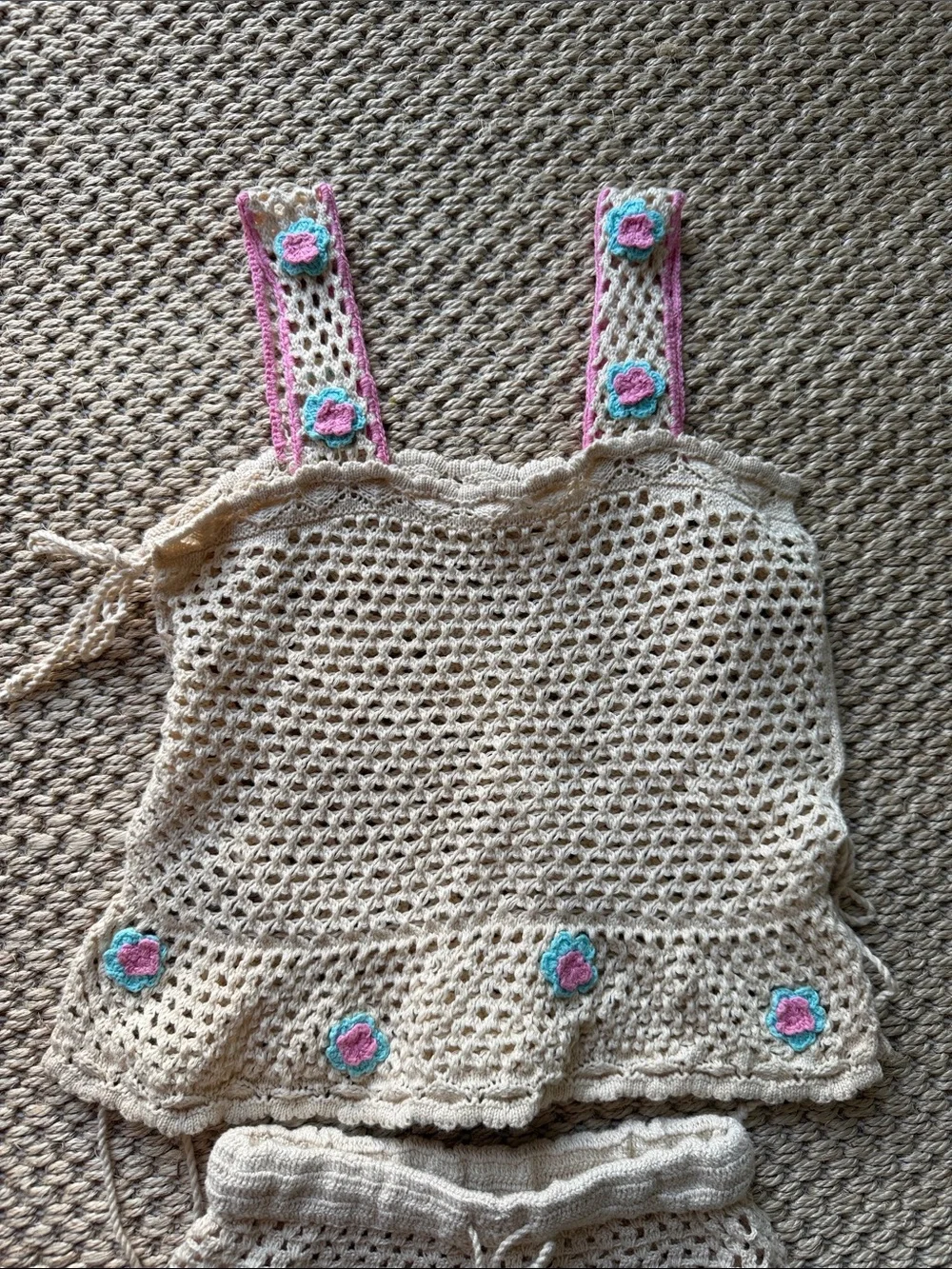 Handmade Crochet Tank Top & Shorts Set - Cream with Pink & Teal Flower Accents